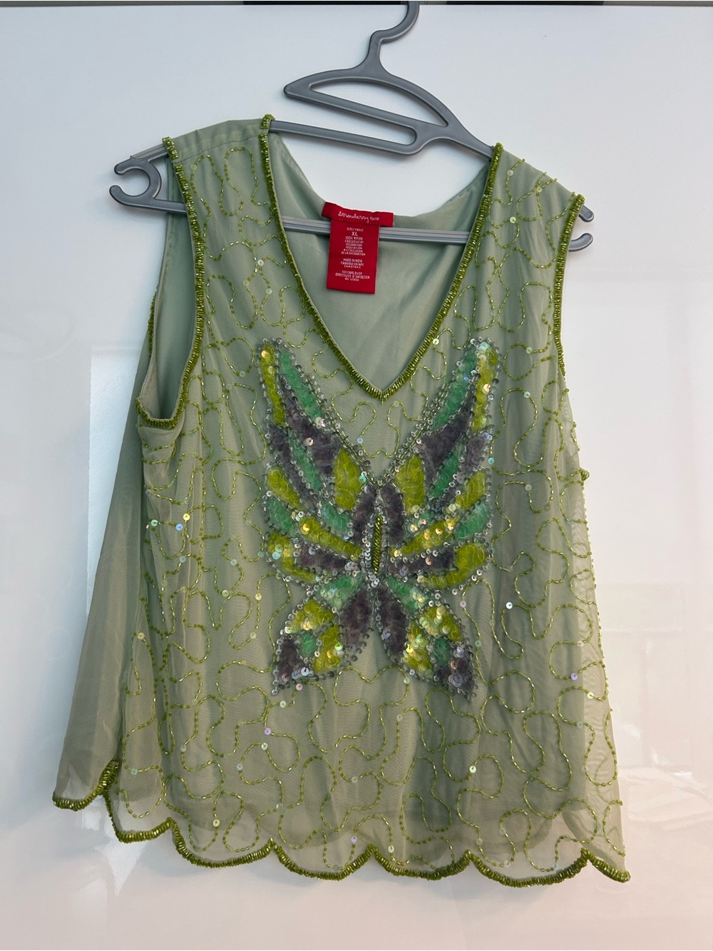 Beaded Butterfly Appliqué V-Neck Sleeveless Top - Light Green